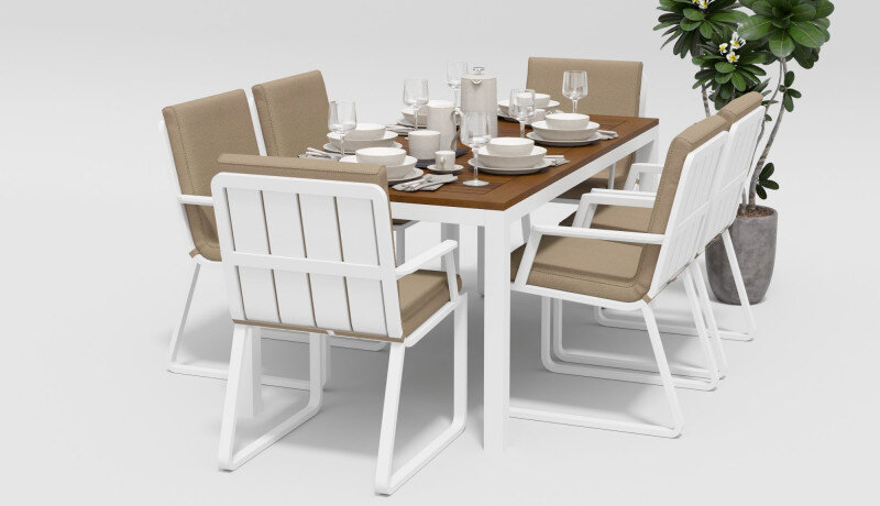 Обеденная группа Gardenini Bella со стульями Voglie Armrest белый/бежевый 180 x 90