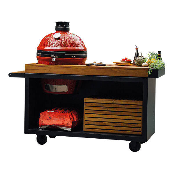 Стол OFYR для гриля Kamado Joe черный на колесах с деревянной столешницей