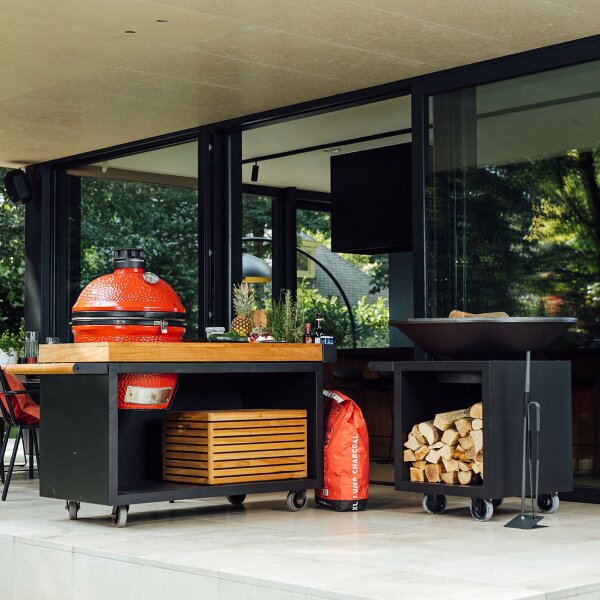 Стол OFYR для гриля Kamado Joe черный на колесах с деревянной столешницей