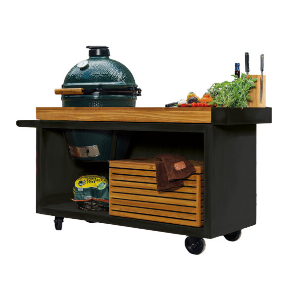 Стол OFYR для гриля Big Green Egg черный на колесах с деревянной столешницей