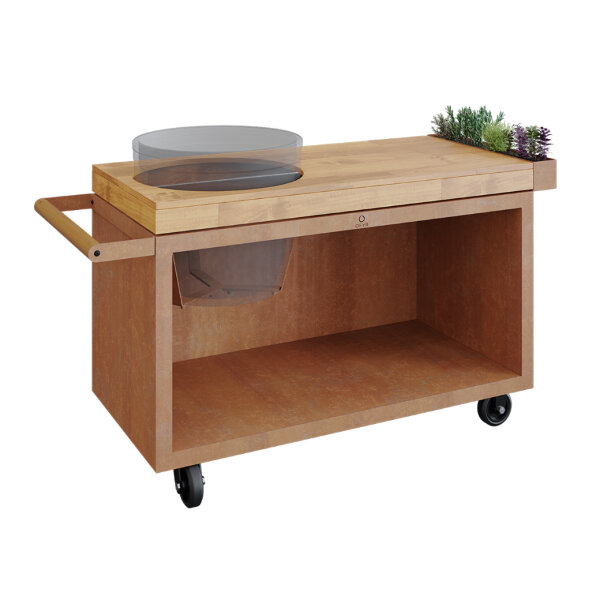 Стол OFYR для гриля Big Green Egg кортен на колесах с деревянной столешницей