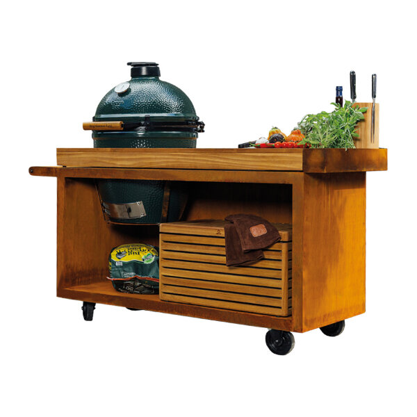 Стол OFYR для гриля Big Green Egg кортен на колесах с деревянной столешницей